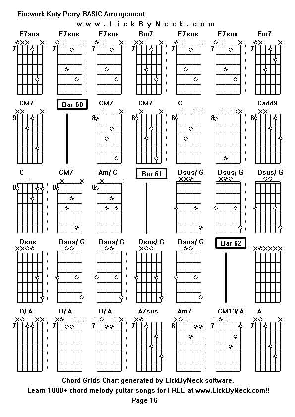 Chord Grids Chart of chord melody fingerstyle guitar song-Firework-Katy Perry-BASIC Arrangement,generated by LickByNeck software.